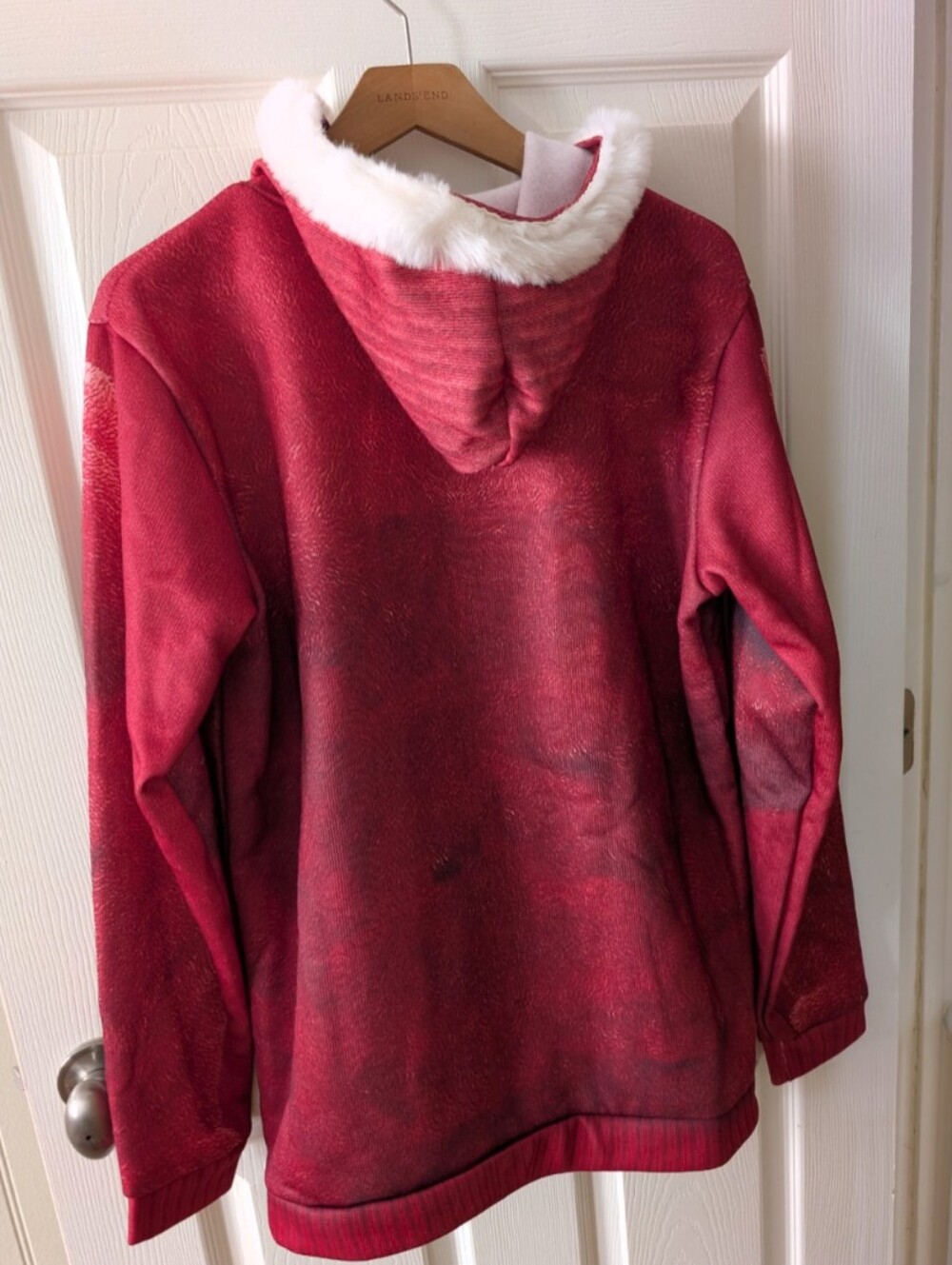 New Red Hooded Zip Up Jacket With Faux Fur Trim L